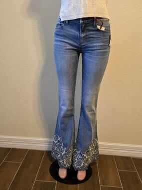 DRIDTWOOD Women's Light Blue Embroidered Flare Jeans